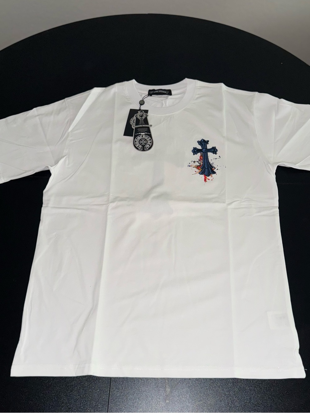 Chrome Hearts White Tee with Navy Cross and Red Accent